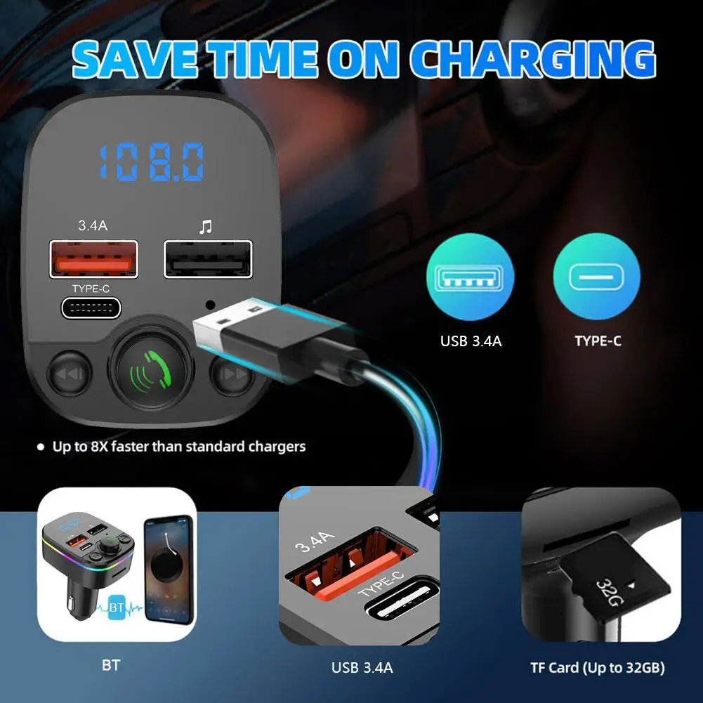 Wireless FM Radio Kit Bluetooth 5.0 Car FM Transmitter Charger MP3 With And Light Play Modulator Fast Ambient Handsfree Col P6D9