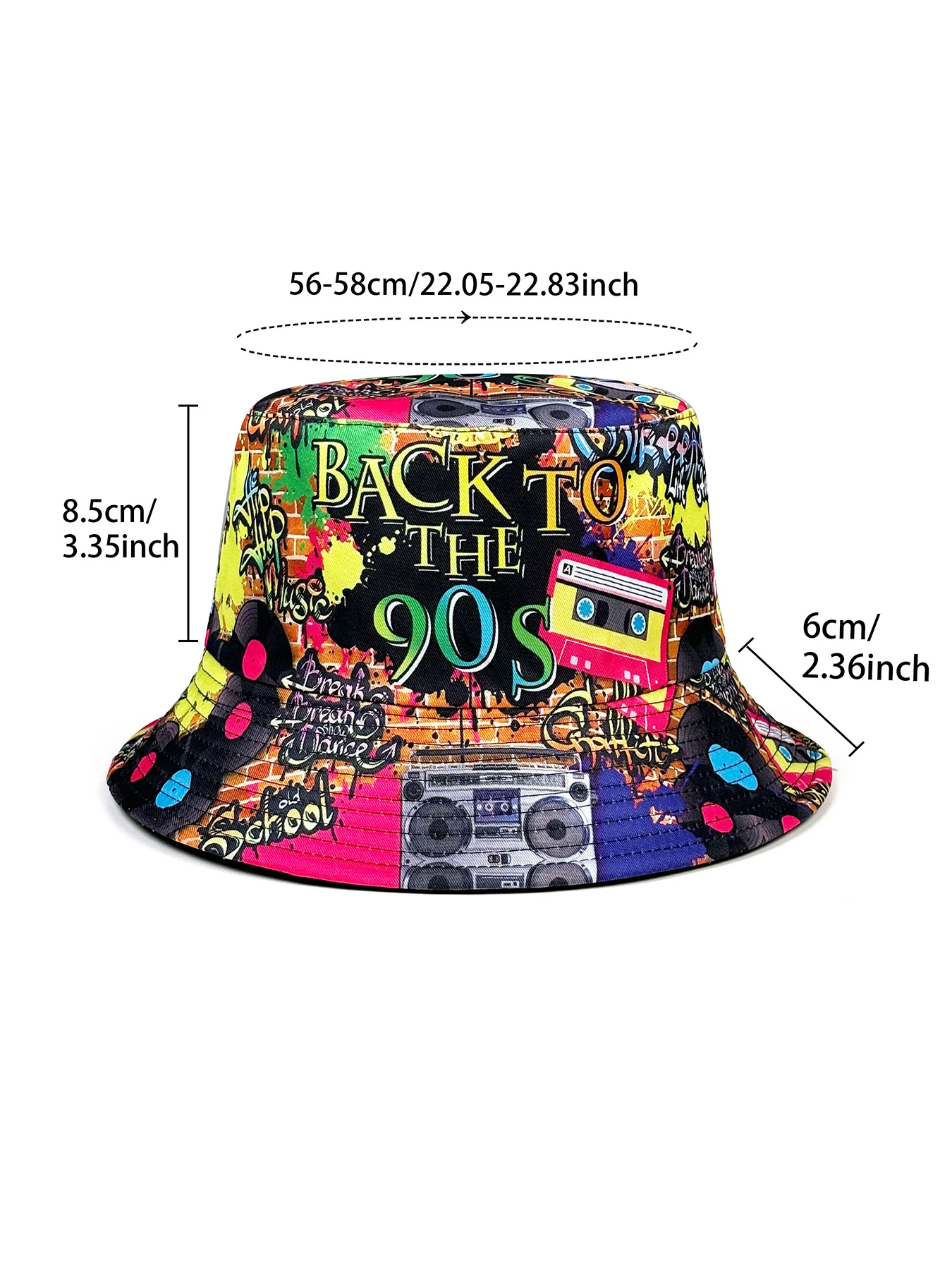 Modischer Retro-Graffiti 80er 90er Bucket Hat für Männer und Frauen, Lustiger Sommer-Frühling-Strand-Anglerhut, Packbarer Outdoor-Sonnenhut – Detail 5