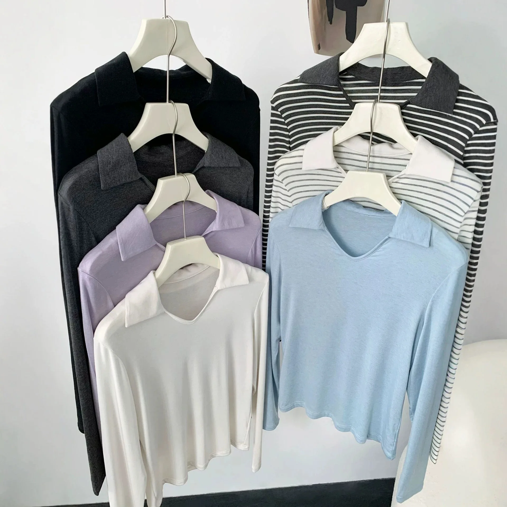 Women V-Neck Striped T Shirts Lyocell Cashmere Blending Women Long Sleeve Polo Neck Autumn Knitted Tees Blusas Roupa Feminina