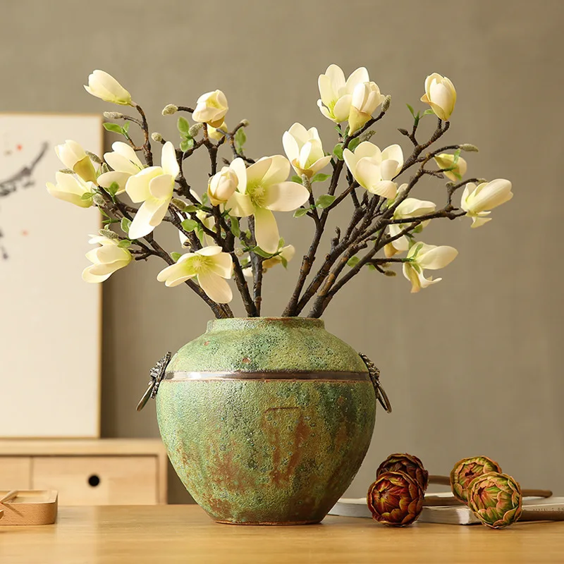 

HP Copper ring ceramic pot coarse pottery retro old simulation dry vase ornament flower arrangement home creative decoration