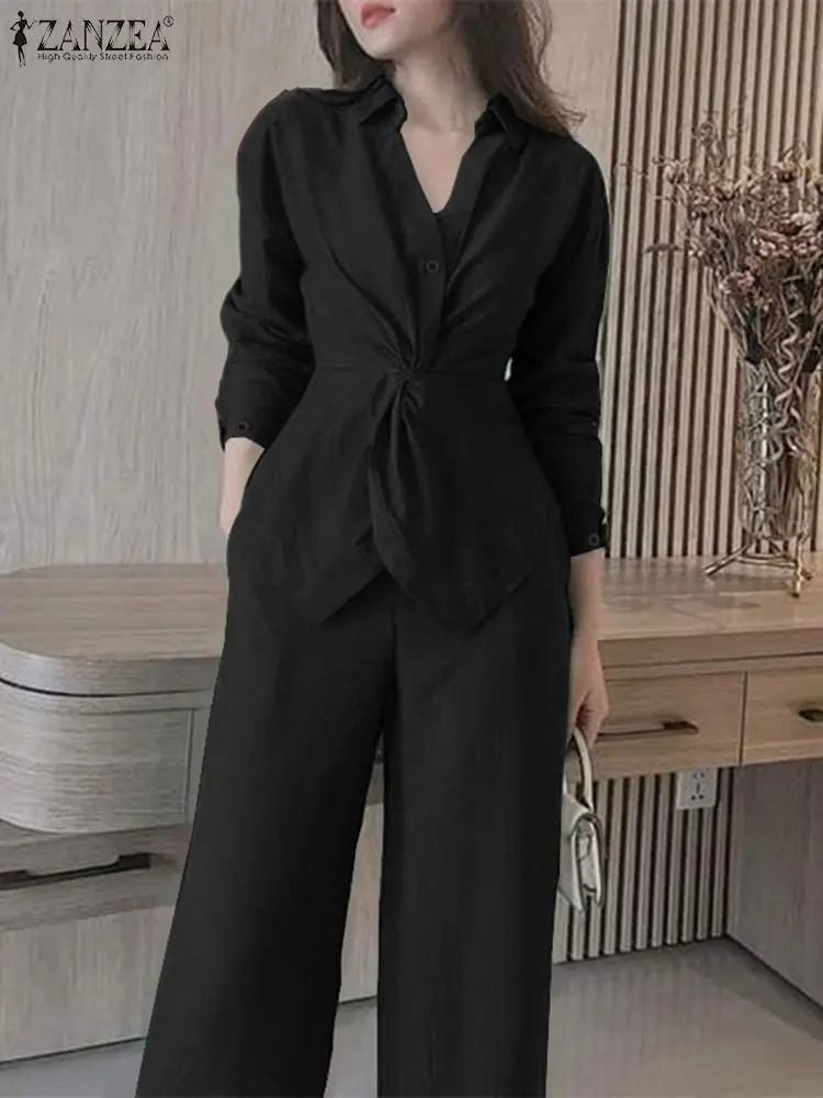 ZANZEA Women Fashion Pant Sets Office Lady Twisted Front Shirt Wide Leg Pants 2pcs Outfits 2024 Autumn Casual Solid Trouser Suit