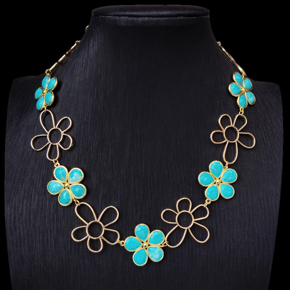 yygem 26mm faceted Blue Turquoise Flower gold plated Chain Necklaces