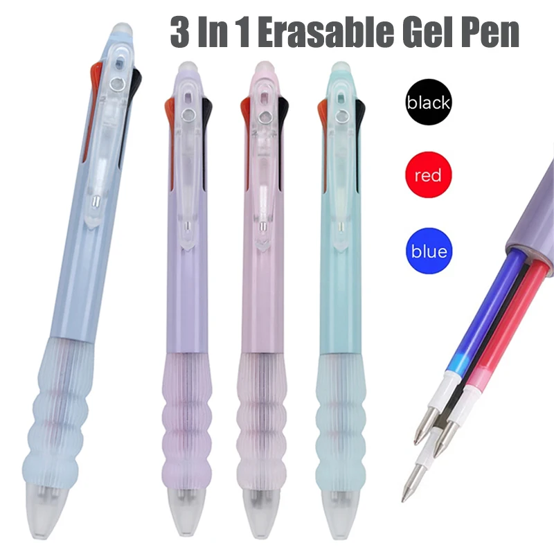 0.5mm 3 In 1 Erasable Gel Pen Comfortable Grip Blue Black Red Magic Ink Smooth Writing Washable School Office Writing Stationery