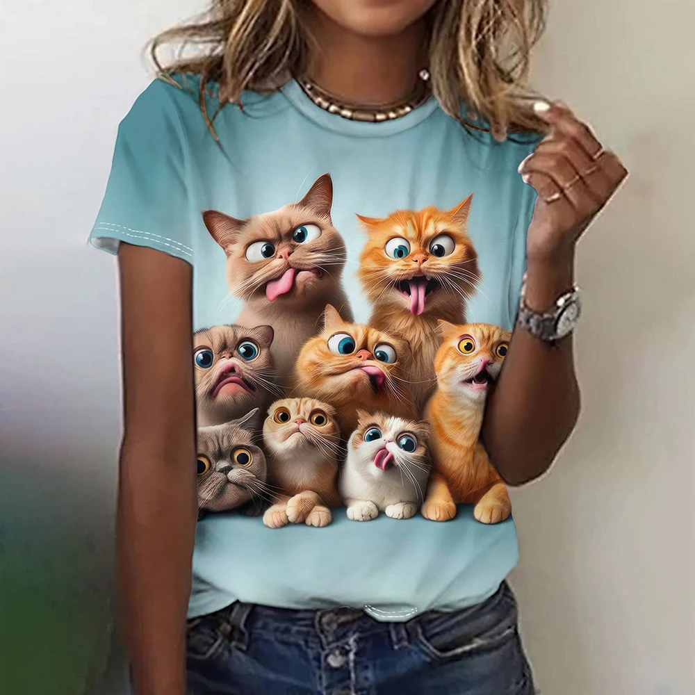 Cartoon Animal Print Short Sleeves Tees Summer Casual Women's T-shirts Funny Female Clothing Loose Tops Oversized Pullover