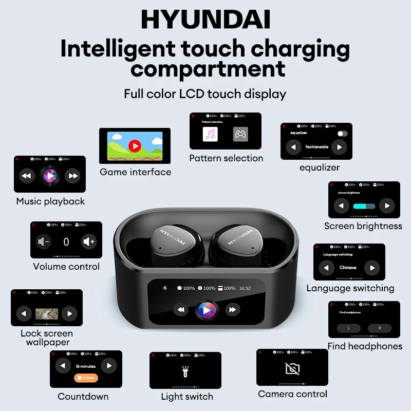 Choice HYUNDAI SpaceAi pro In-Ear Headphones Touch Control Earbuds Color Screen Bluetooth Wireless Ultra Long Battery Life