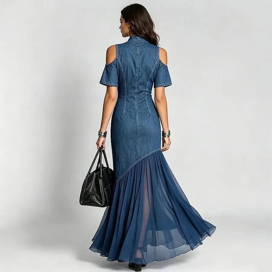 Women Denim Short Sleeve Dress Pleated Waist Dresses Spring Summer Bodycon Jumpsuit