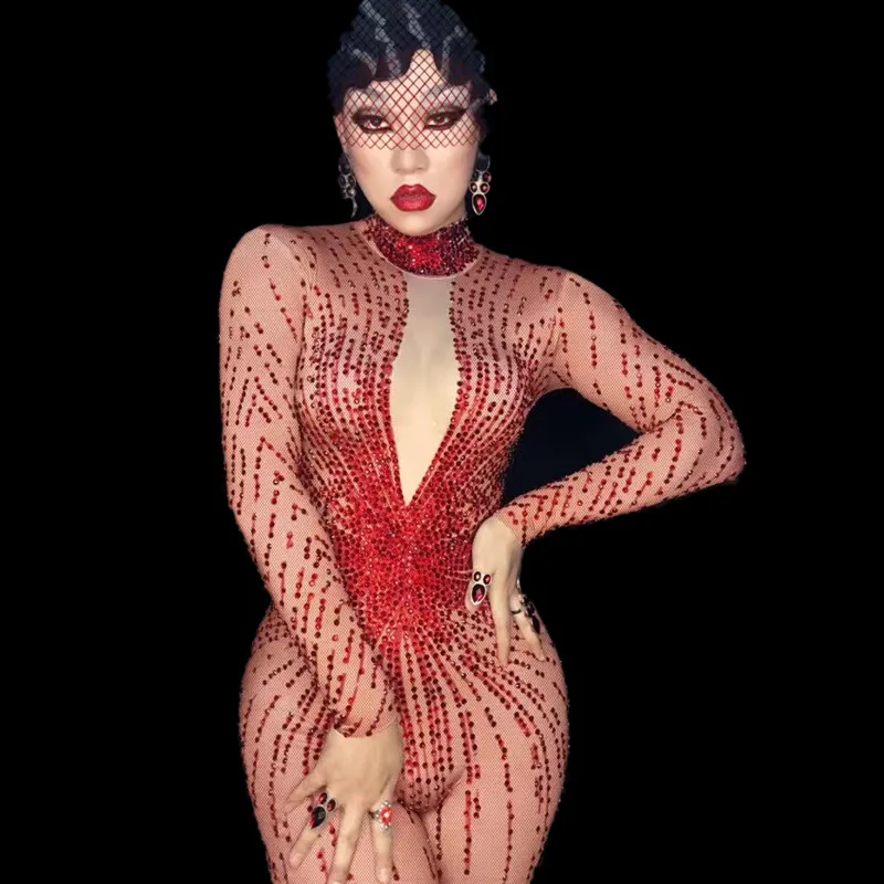 

Sexy Gorgeous Red Rhinestone Jumpsuit Lady Long-sleeved Tights Crystals Rompers Nightclub Party Singer DJ Stage Performance Wear