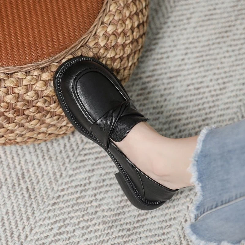  المرأة حقيقية أحذية جلدية بدون كعب ربيع الخريف النمط البريطاني سميكة وحيد المتسكعون أحذية النساء السود موضة كعب سميك المتسكعون #2