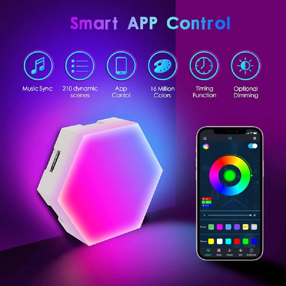 Imagem -03 - Colorido Mudando Hexagonal Lâmpada de Parede Dyi Forma Rgb Inteligente Night Light Ambiente Música Ritmo App Controle para Sala de Jogos Quarto