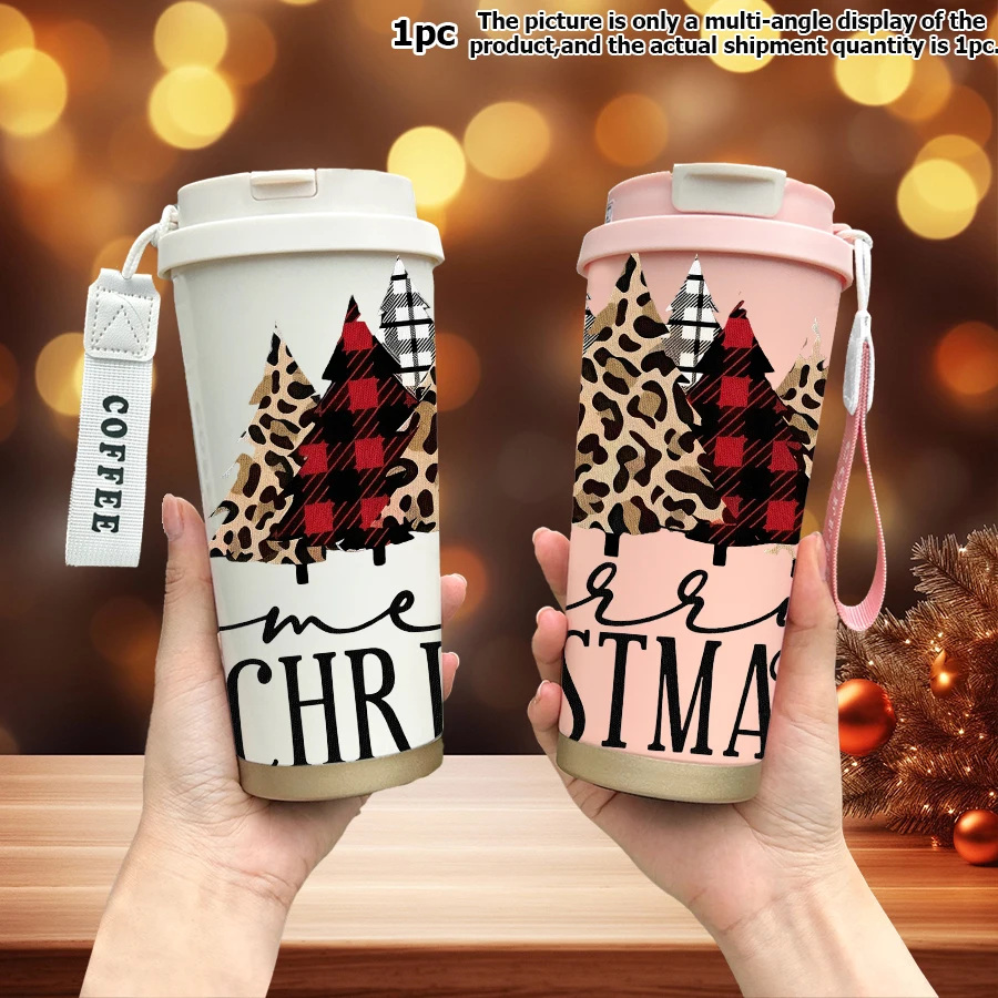 1pc 18oz stainless steel thermos bottle with straw, leak-proof cover and wristband Leopard pine design.