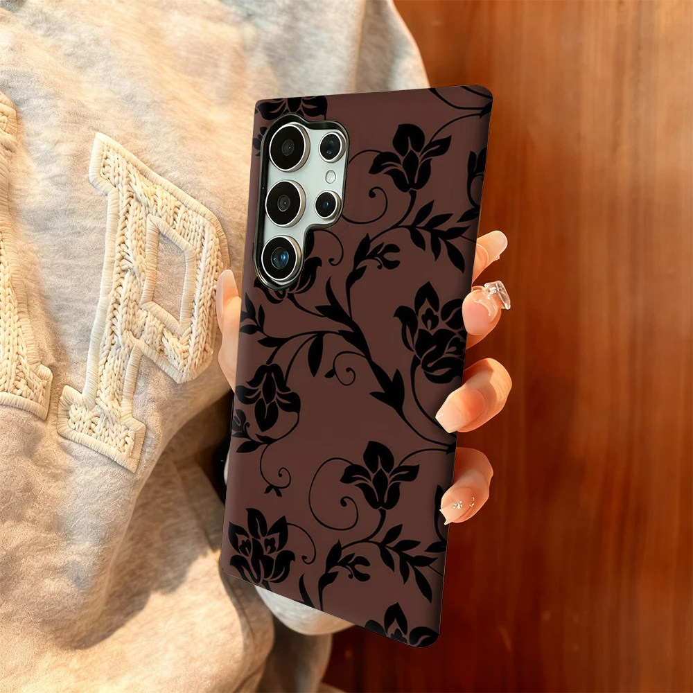 Funda de teléfono con patrón de vid Floral marrón para Samsung Galaxy S25 Ultra S24 S23 Ultra Plus, funda trasera de doble capa a prueba de golpes