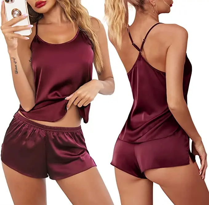 

Summer New Ice Silk Spaghetti Strap Sexy Women Pajamas Pure Color Thin Section Fashion Sleepwear