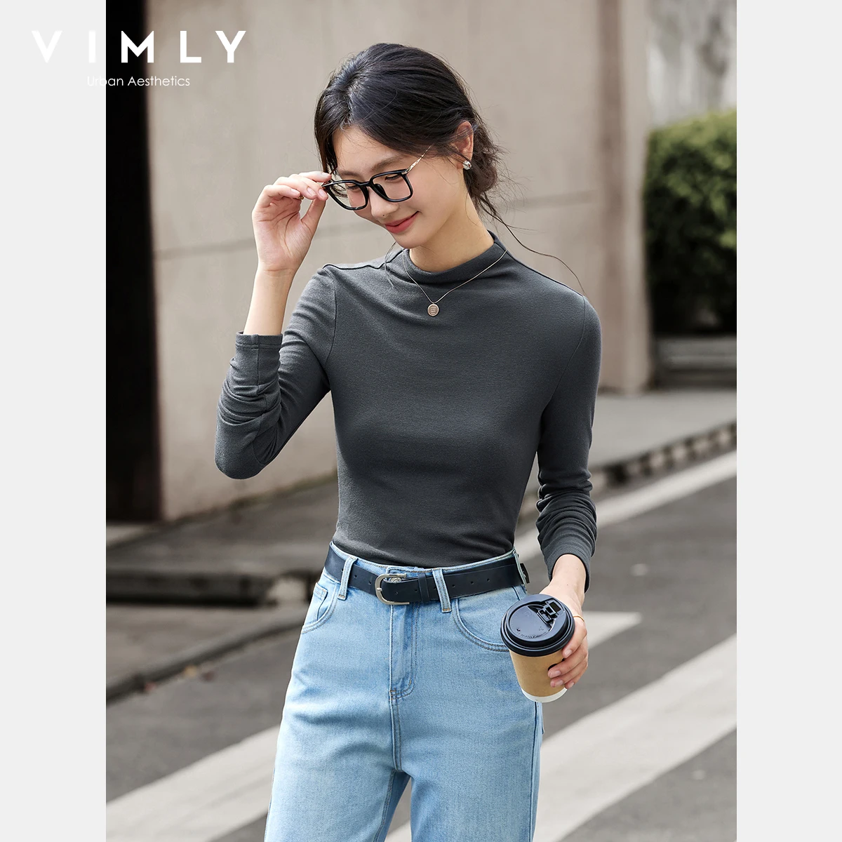 VIMLY 여성 긴 소매 티셔츠 캐주얼 자수 커프스 만다린 칼라 여성용 탑 가을 2025 니트 슬림 여성 티셔츠 A2503