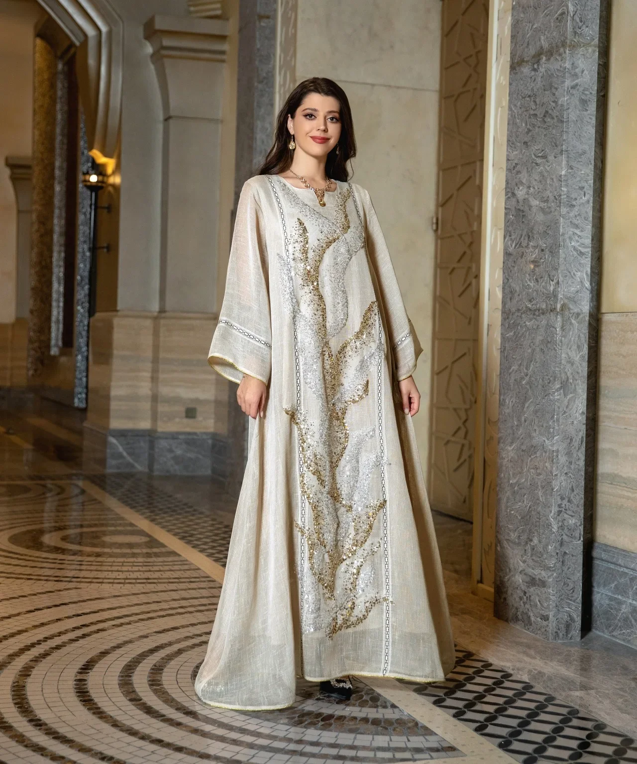 Luxury Mesh Sequins Embroidered Abaya Dress for Women Muslim Dubai Evening Party Robe Moroccan Kaftan Turkey Arabic Eid Jalabiya