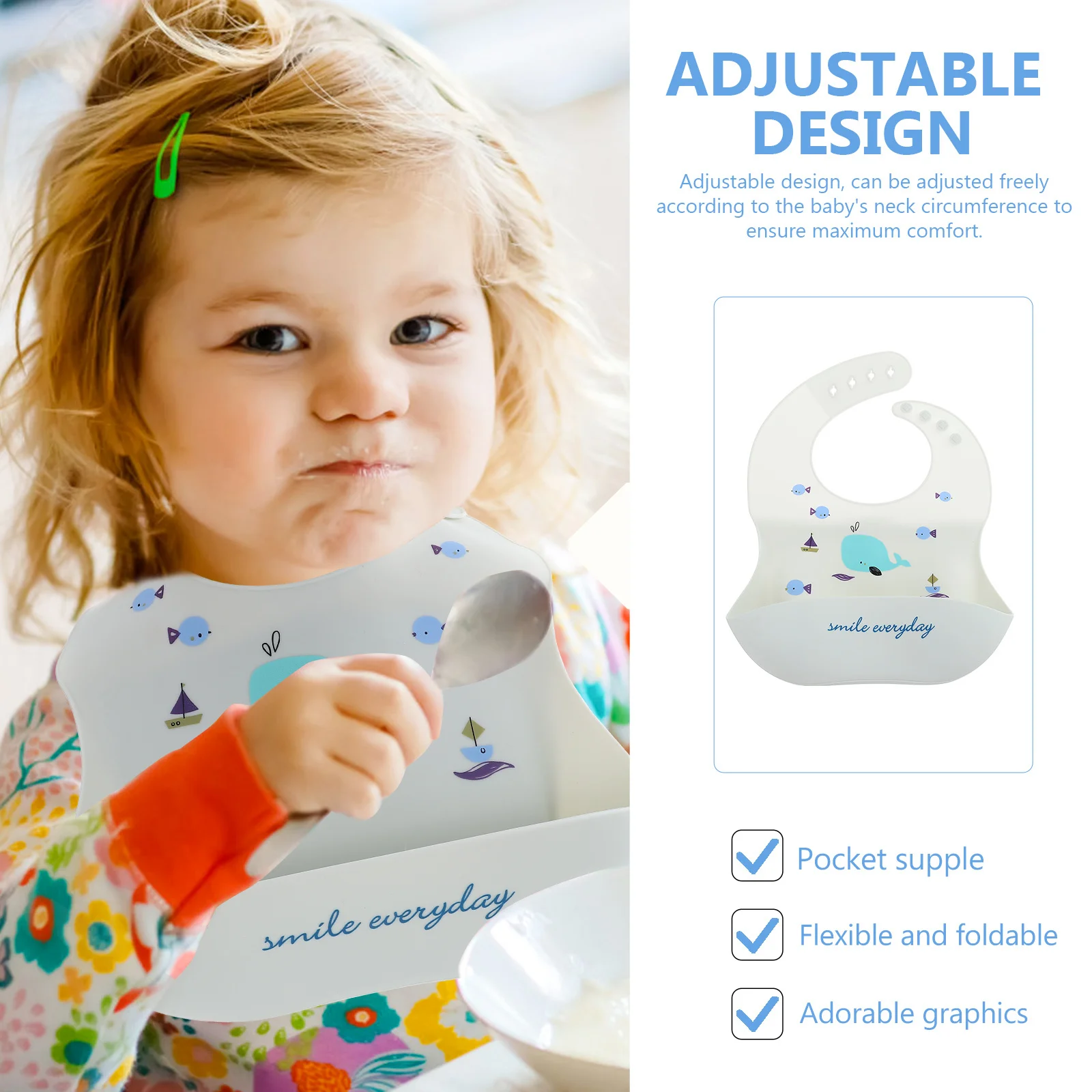 Silicone Baby Bib Waterproof Non Slip Lightweight Foldable Attractive Colors Lovely Design Easy Carry Store High Grade Premium