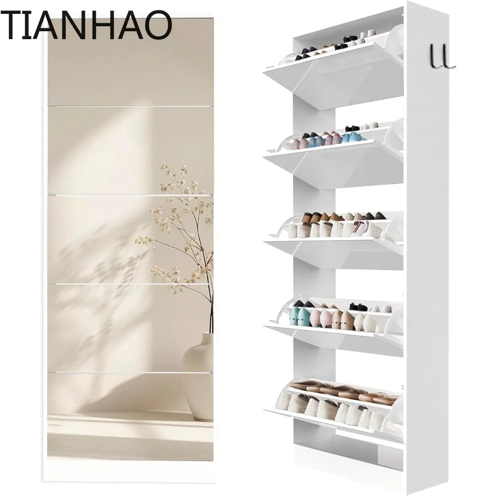 Mirror Shoe Cabinet with Explosion-Proof Glass - 5-Tier Space-Saving Entryway Storage Organizer, Slim Shoe Rack with Flip Drawer