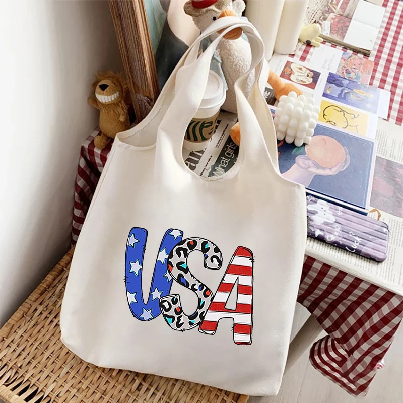 USA Sunflower Print Canvas Tote Bag Large Capacity Travel Storage Shoulder Bag Casual Handbag Eco-friendly Reusable Shopping Bag