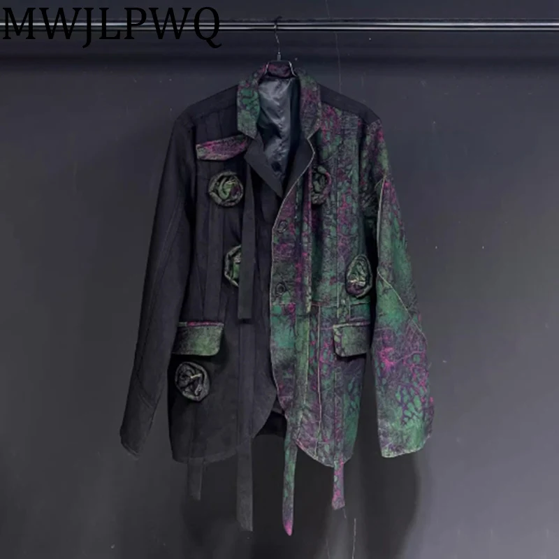 

MWJLPWQ Spliced Flower Knitted Printed Blazer Male High Street Loose Trend Lace Up Niche Design Single Breasted Men's Top 010852