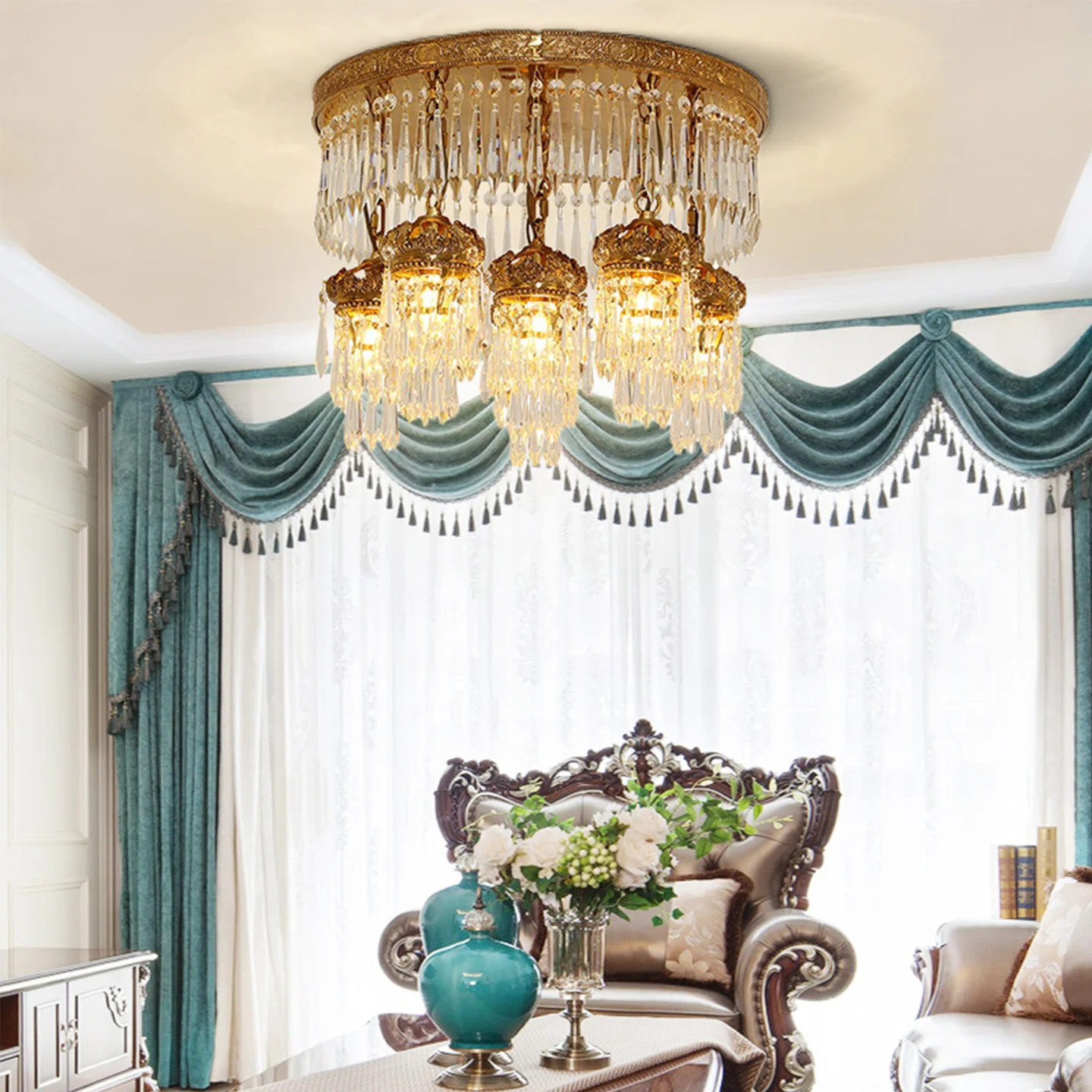 European Neo Classic Living Room Dining Room Luxury Crystal Tassel Ceiling Lamp French Hall Banquet Hall Copper Ceiling Lights