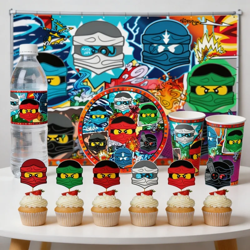 Super Ninja Themenparty-Zubehör Einweg-Tischgeschirr Pappteller Becher Spiral-Hintergrund Geburtstagsdekoration Szenenlayout Ornament Geschenk