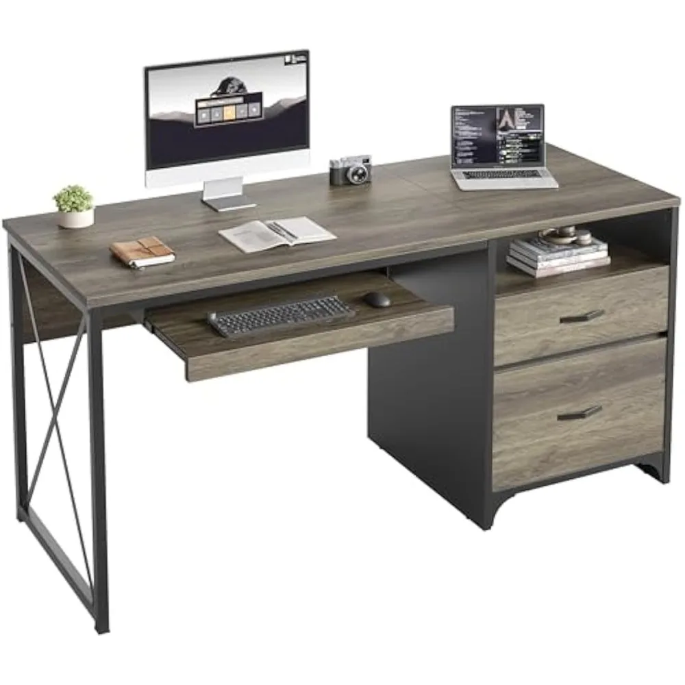 

Office Desk with Drawers, 55 Inch Industrial Computer Desk, Wooden Teacher Desk with Keyboard Tray and File Drawers