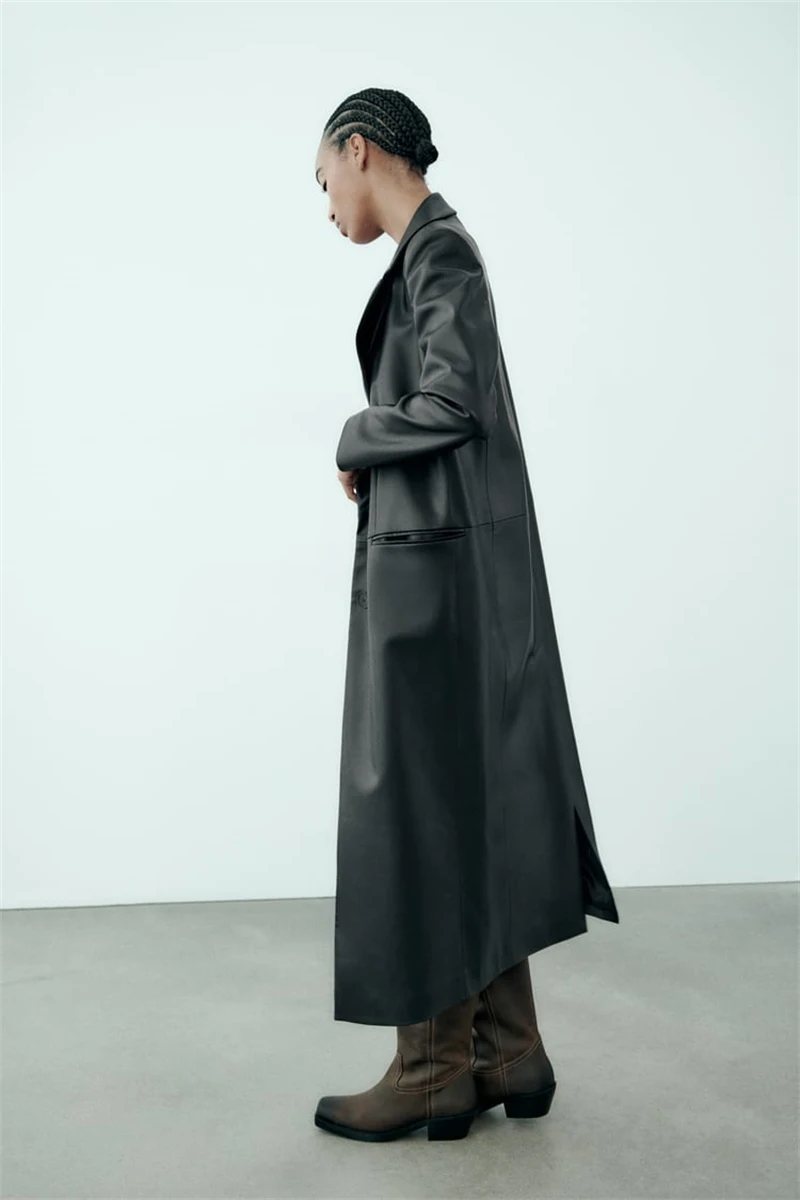 

Autumn Winter Long PU Leather Coat Women's Suit Sle Jaet Korean Commute Pure Color Long Sve Regular Fit Coat