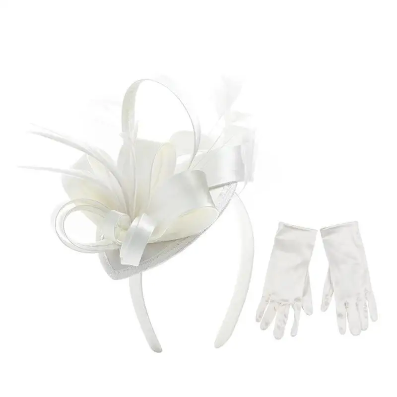 

652F Fascinators for Women Tea Party Headband with Satins Gloves Cocktail Flower Feathers Headwear Headband