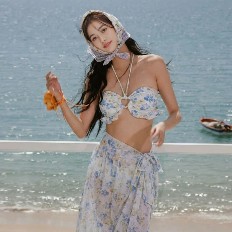 French Style 3 Piece Bikini Set Women Halter Neck Push Up Padding High Waisted  Beach Cover Up for Resort Hot Spring Vacation