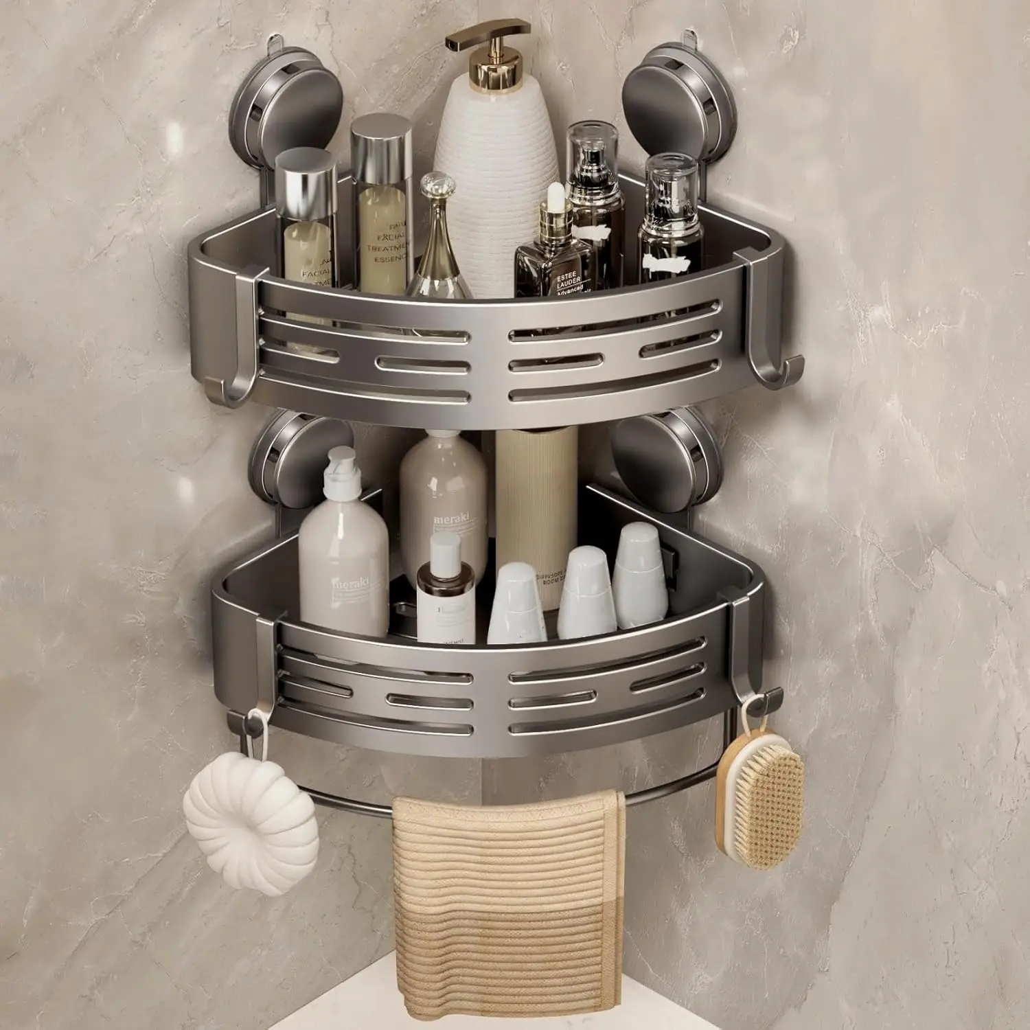 

Corner Shower Caddy Suction Cup Shower Shelf Corner No Drilling Bathroom Shower Organizer Storage Rack Adhesive with Towel