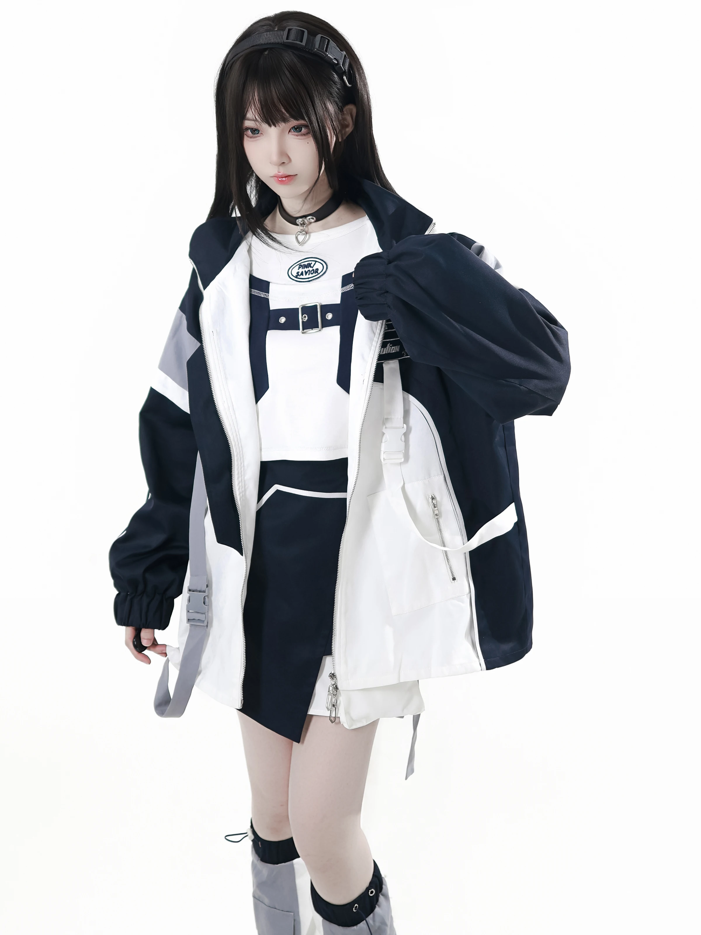 Functional Futuristic Patchwork Embroidered Hoodie Jacket 2025 Autumn Blue and White College Style Round Neck Long Sleeve Tee