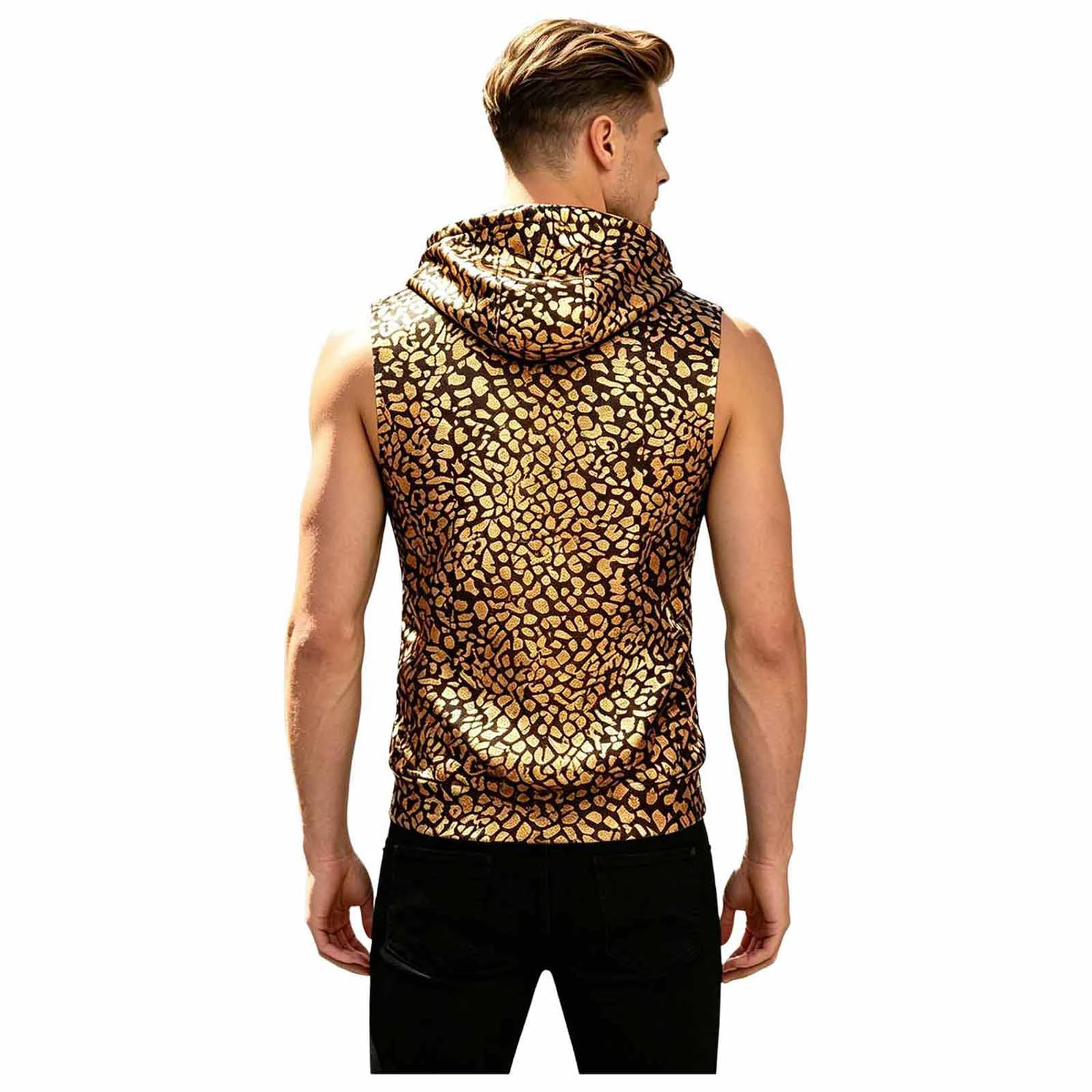 Metallic Leopard Couple Hoodie Vest for Men Women Sleeveless Zip Hooded Top for Daily Casual Rave Club Disco Concert Festival