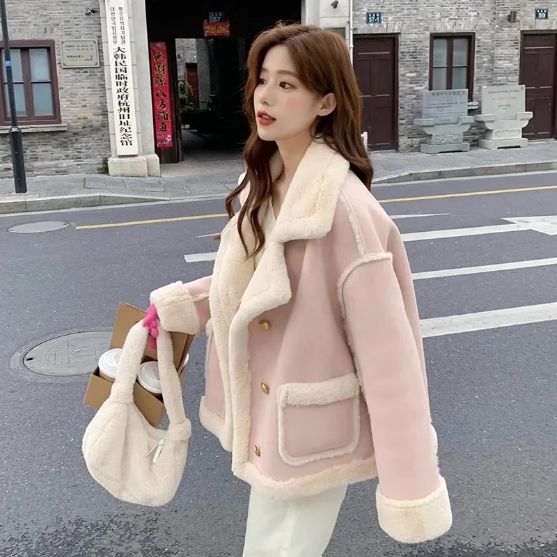 Pink Fur Coat Lapel Warm Long Sleeve Fashion Women's 2024 Winter New Explosions Korean fleece-lined Thickened Bearer Wear