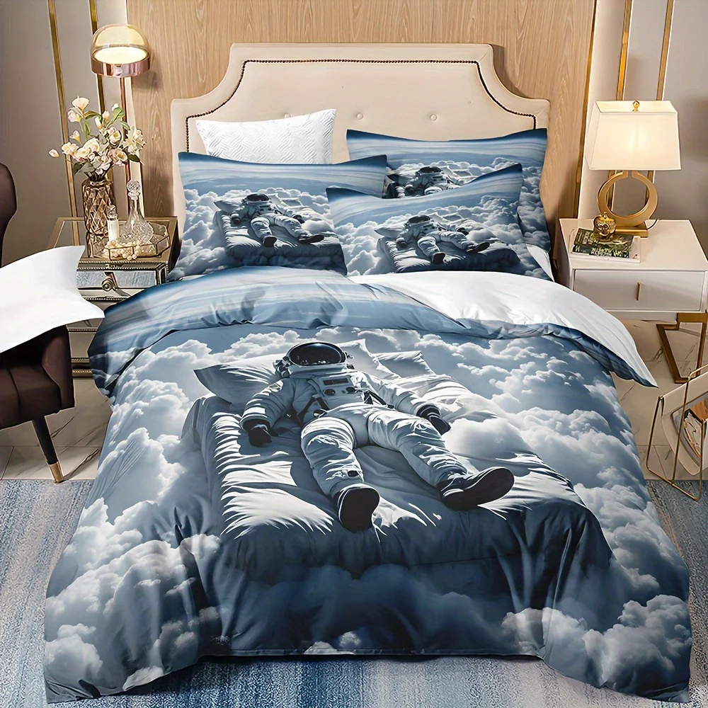 

Fantasy Astronaut Theme Duvet Cover Set with Pillowcases, 3pcs Cartoon Space Astronaut Printed Bedding Set, Soft Comfortable