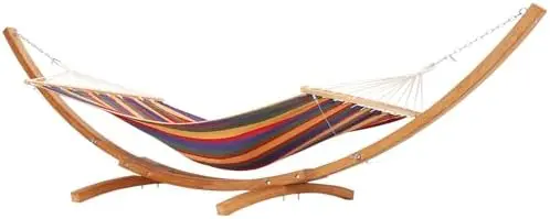 Wooden Curved Hammock Stand with Canvas Fabric Hammock, 475 LBS Heavy Duty Anti-Tipping Frame, Rainproof & Quick Dry