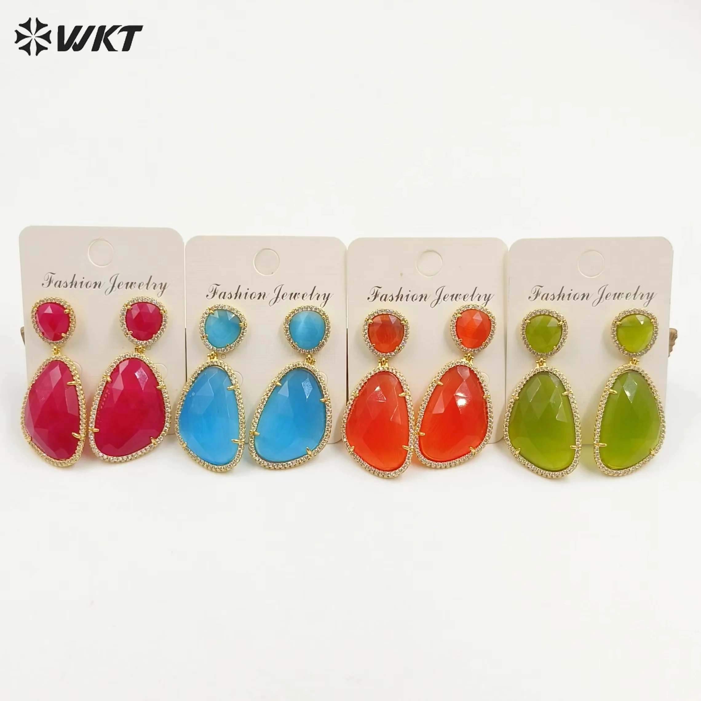 WT-E206 WKT Raw cubic zircon double stone crystal shine stone lovely drop earring colorful cubic zircon earrings for women