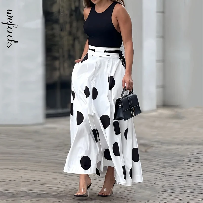 Wefads 2024 Two Piece Set Women Summer Office Chic Solid Sleeveless Round Neck Vest Top Loose Polka Dot Printed Long Skirt Sets