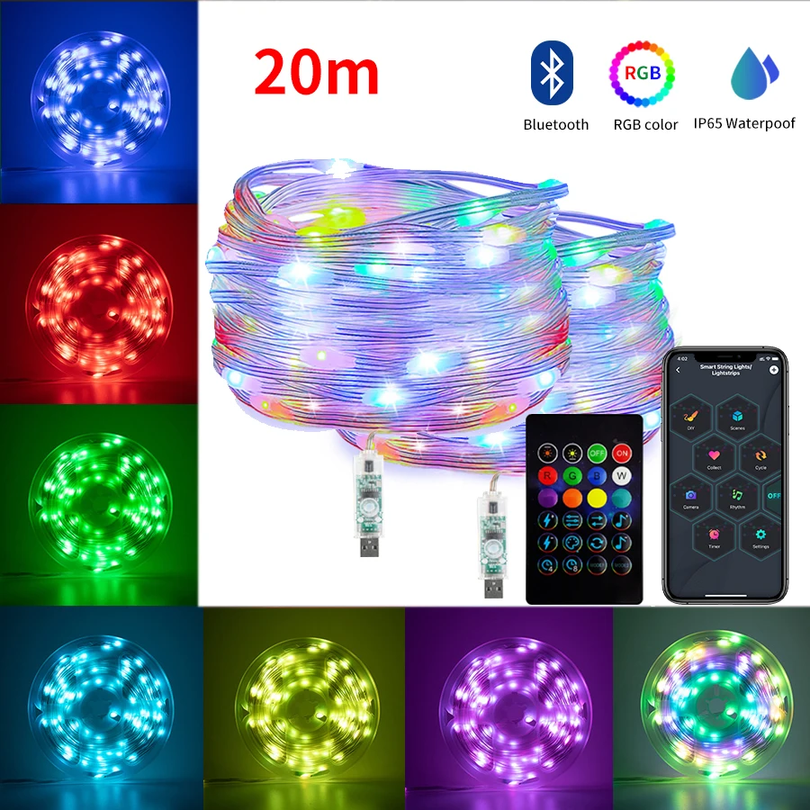 Lampu setrip LED 20m RGBIC, lampu setrip Natal WS2812B RGB, lampu Bluetooth USB 5V dapat disesuaikan, aplikasi musik senar warna mimpi