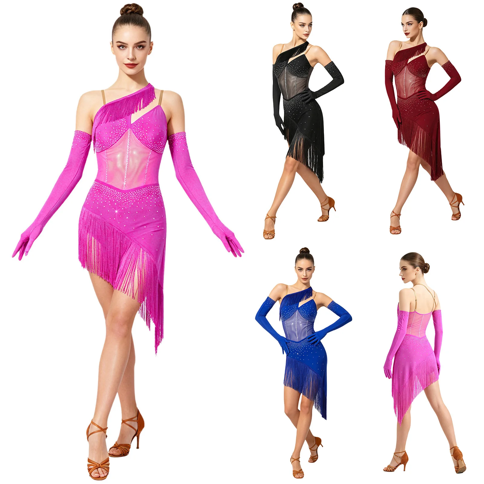 Women Latin Dance Cha-cha Salsa Tango Ballroom Bodysuit Dress Adjustable Straps Sheer Mesh Rhinestone Tassel Dresses with Gloves
