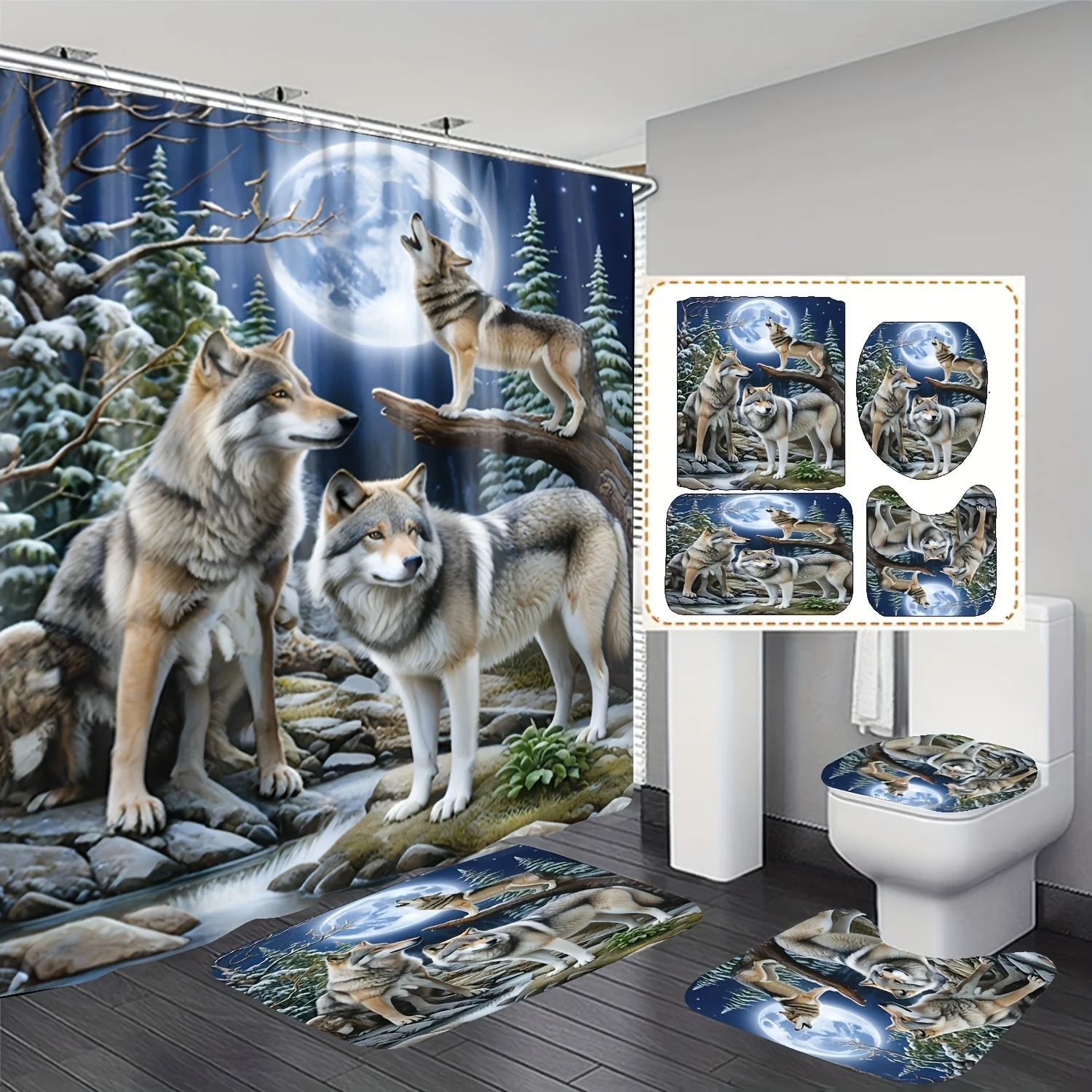 Mystical Winter Wolves Bathroom Four-Piece Set - Featuring a Stunning Design with Majestic Wolves in a Snowy Forest Under