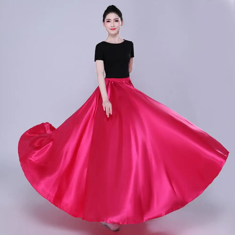 Pleated Maxi Skirt Solid Color Elegant Satin Performance Skirt High Elastic Waist Pleated Big Hem Spanish Belly Dance Skirt