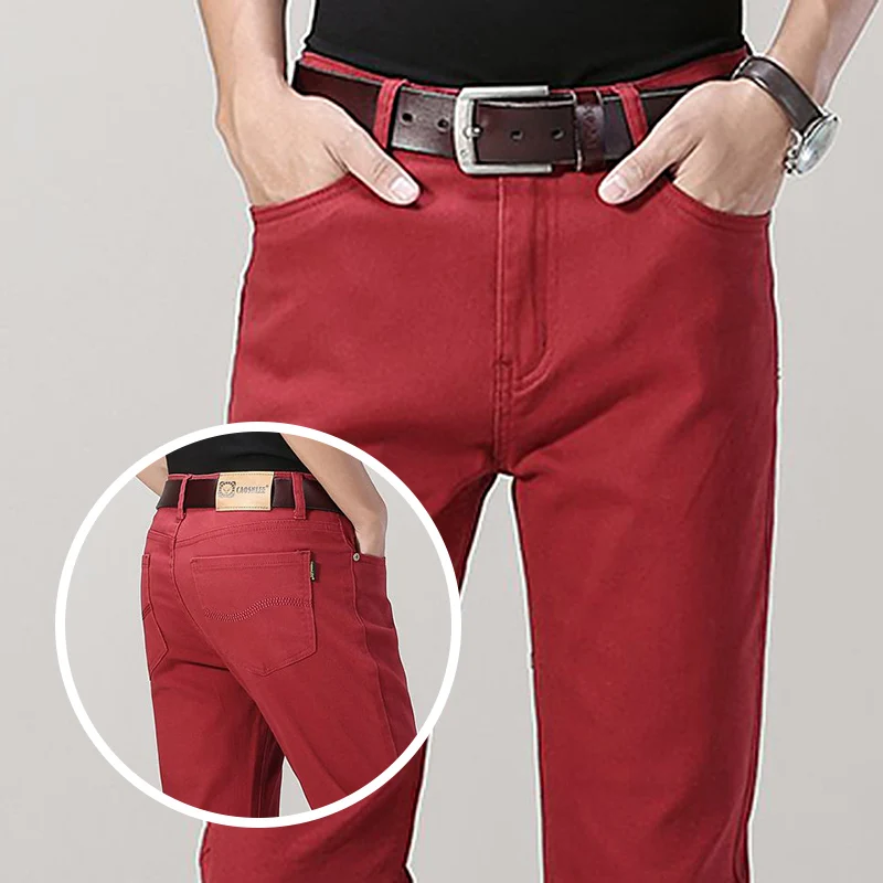 

Мужские новые классические деловые джинсы, мужские повседневные модные тонкие однотонные хлопковые прямые джинсовые брюки цвета хаки, большие размеры 28-40