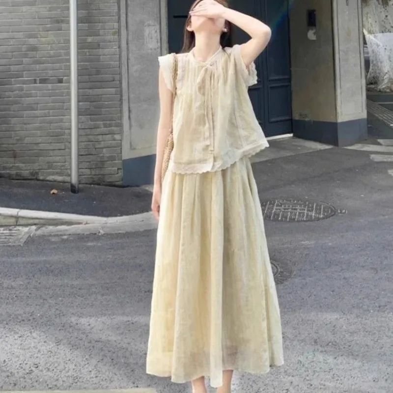 새로운 프랑스 패션 여름 여성 투피스 세트 우아한 레이스업 플라잉 슬리브 블라우스 탑 + 루즈핏 스커트 솔리드 컬러 아웃핏 소녀들을 위한 의상