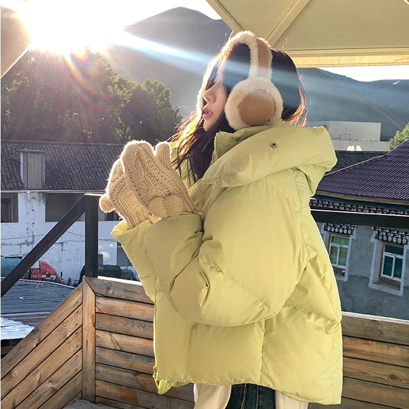 Yellow Down Jacket Women Coat Black Hooded Fashion American Streetwear Y2K Style Duck Down Feather Female Winter Short Outwear