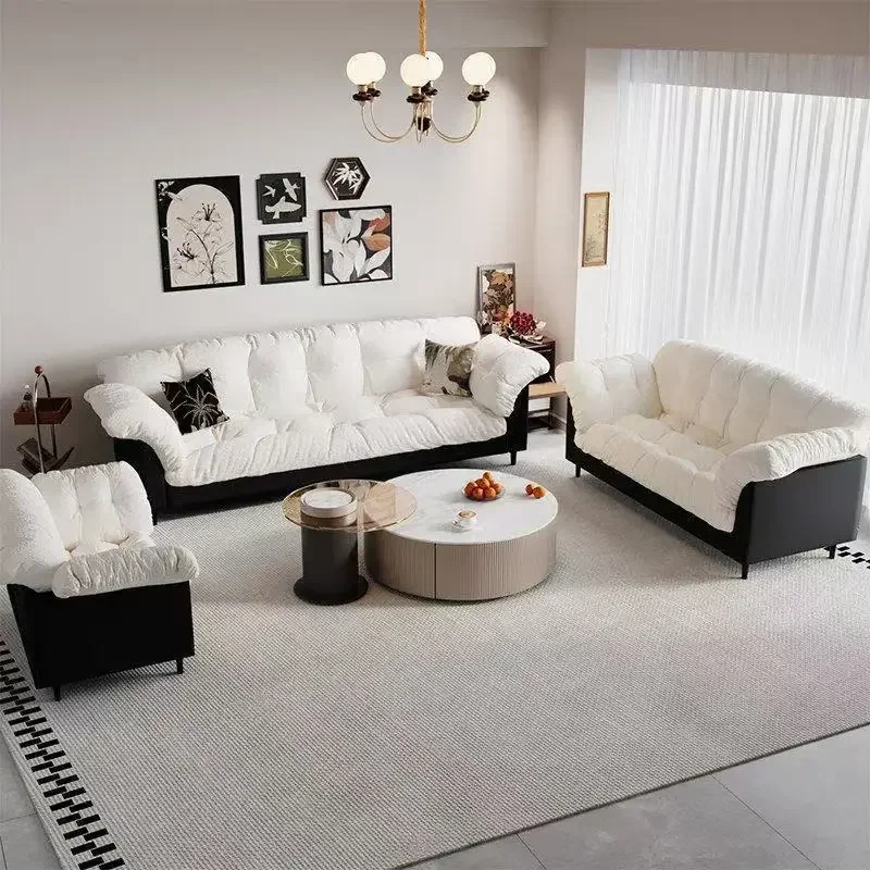 

Camellia fabric living room lazy sofa, small apartment rental house new cream wind straight row sofa