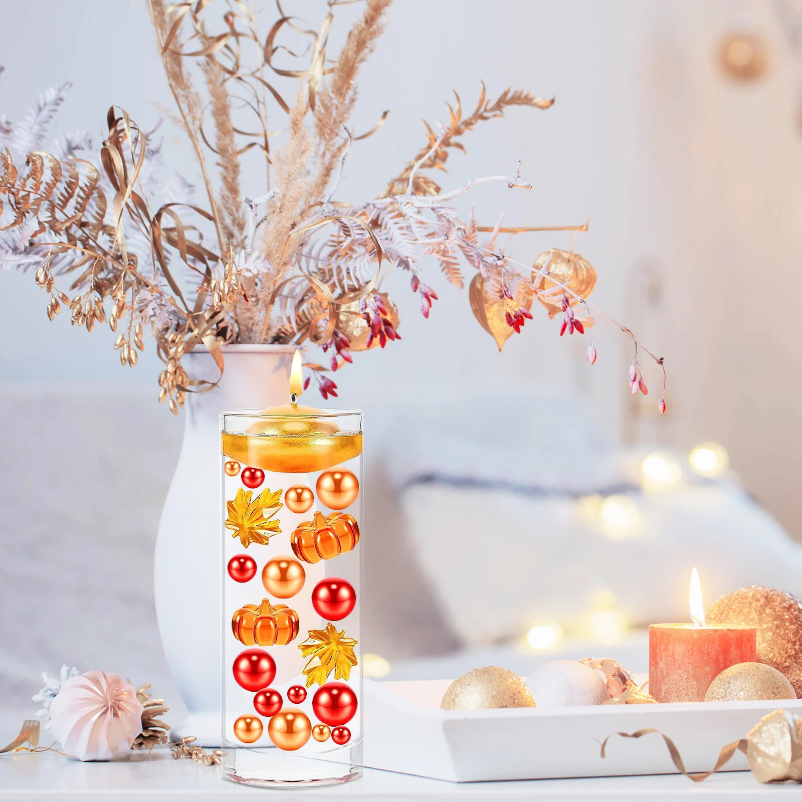 

Thanksgiving Fall Vase Filler Acrylic Mini Pumpkins Maple Leaves Beads Halloween Autumn Table Decorative