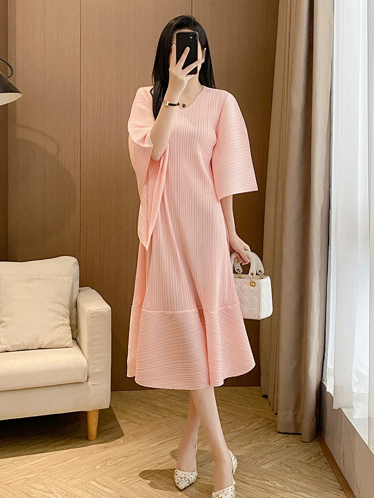 

Summer Cold Tone Folded Fish Tail Dress Women's Loose Elegant Midi Skirt Three Zha Chuang Brand Silk Blend Polyester Fiber