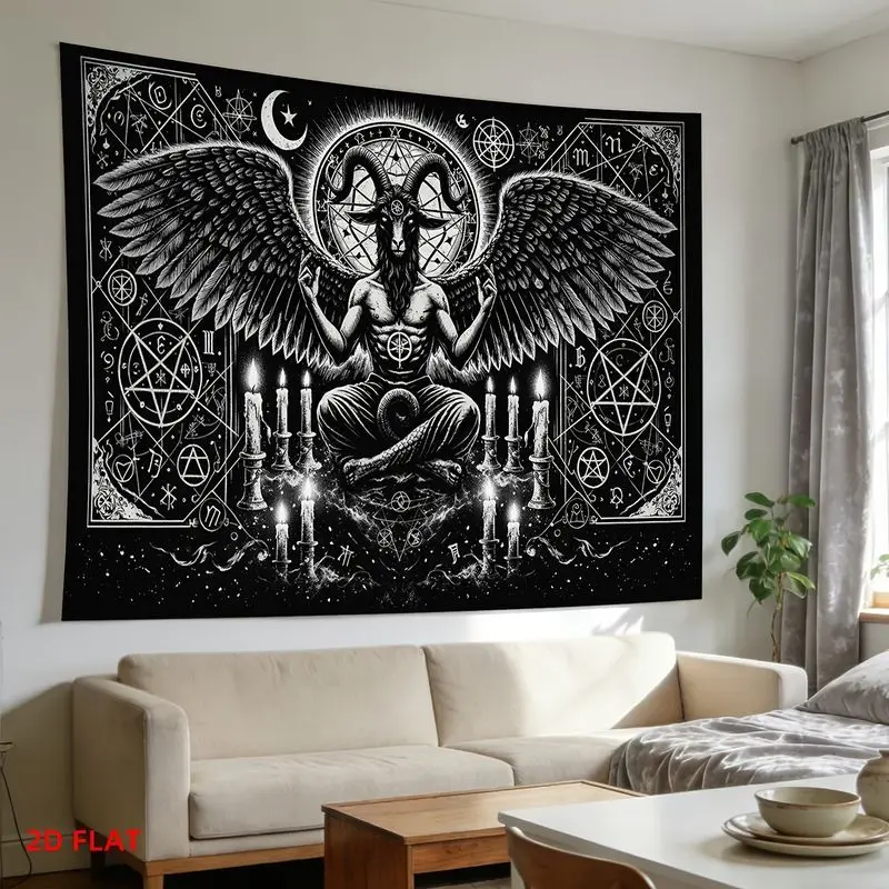 VIKAMA Gothic Baphomet Tapestry Black White Occult Sigil Pentagram Wall Hanging Dark Mysterious Dorm Bedroom Wall Art Decor