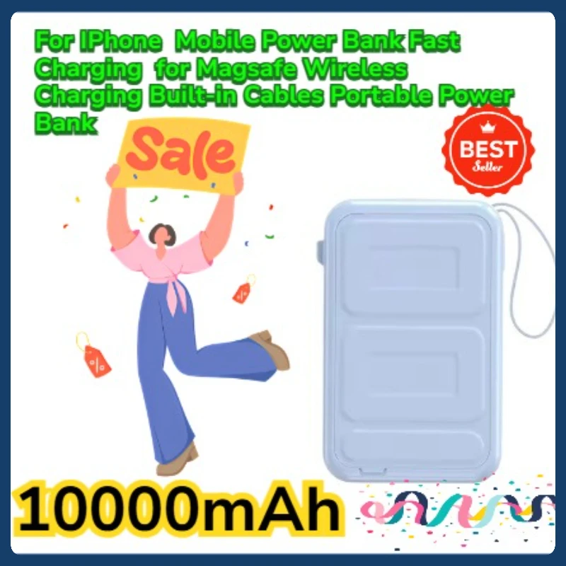 

For IPhone 10000mah Mobile Power Bank Fast Charging for Magsafe Wireless Charging Built-in Cables Portable Power Bank