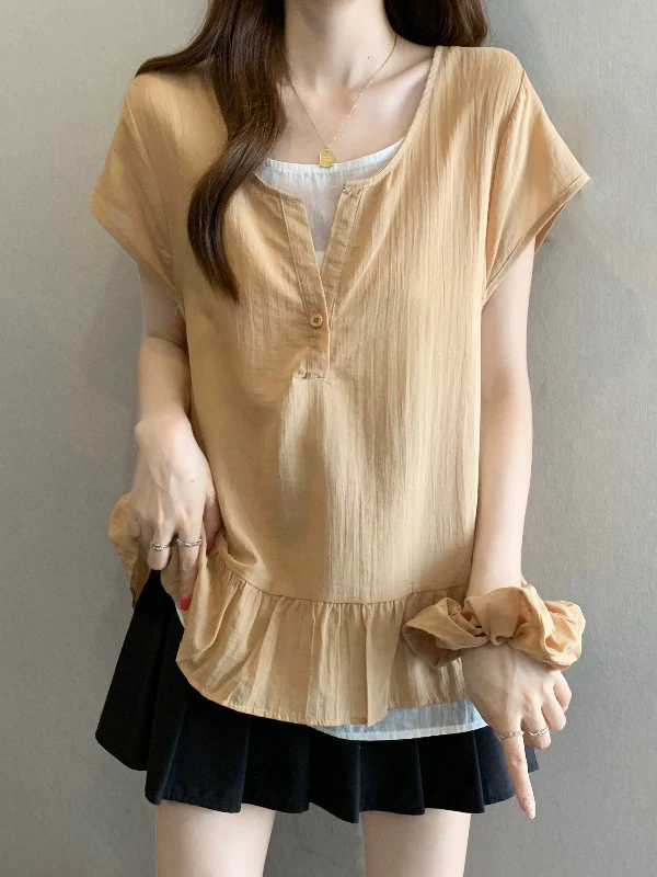 

V-Neck Short Sleeve Shirt Women's Summer New Style Big Size Fat MM Anti-Aging Doll Shirt Korean Style Loose Fit Commute Wind