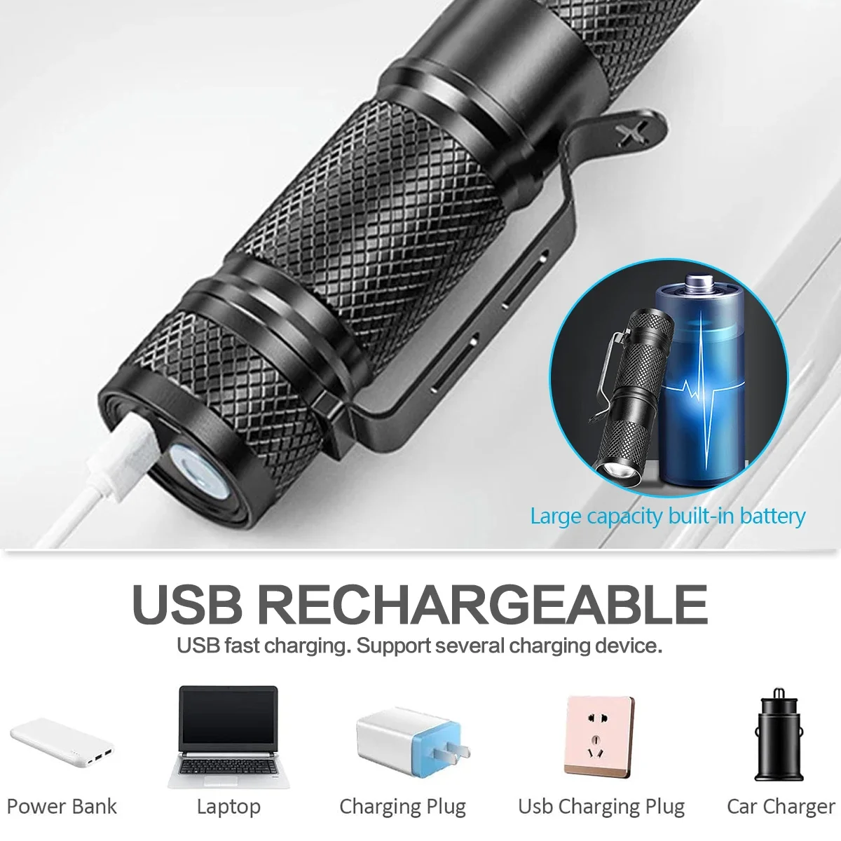 USB Rechargeable Flashlight Portable High Lumen Pocket Torch Emergency Light Waterproof Flashlights with Built-in Battery